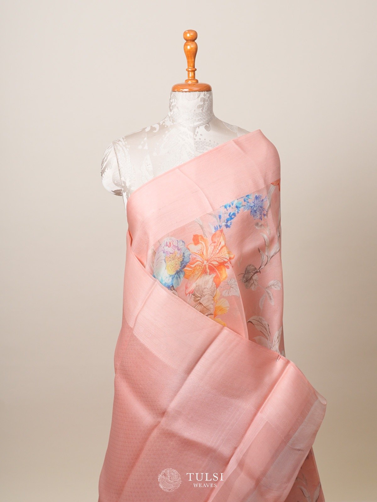 Light Peach Floral Printed Organza Silk Saree