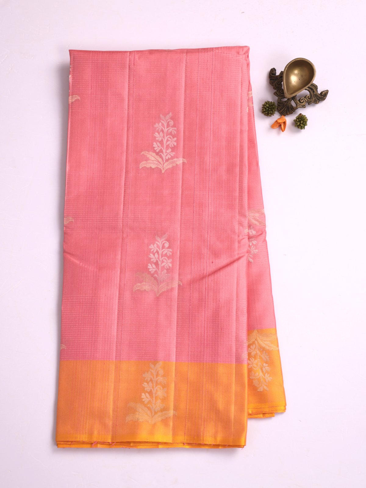 Peachy Pink Soft Silk Tussar Saree With Mustard Yellow Border 