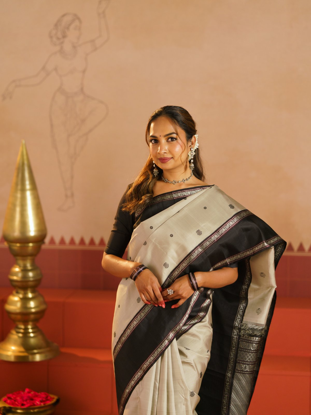 Crafted 20 - Grey Kanjeevaram Silk Saree With Black Pattupettu Border