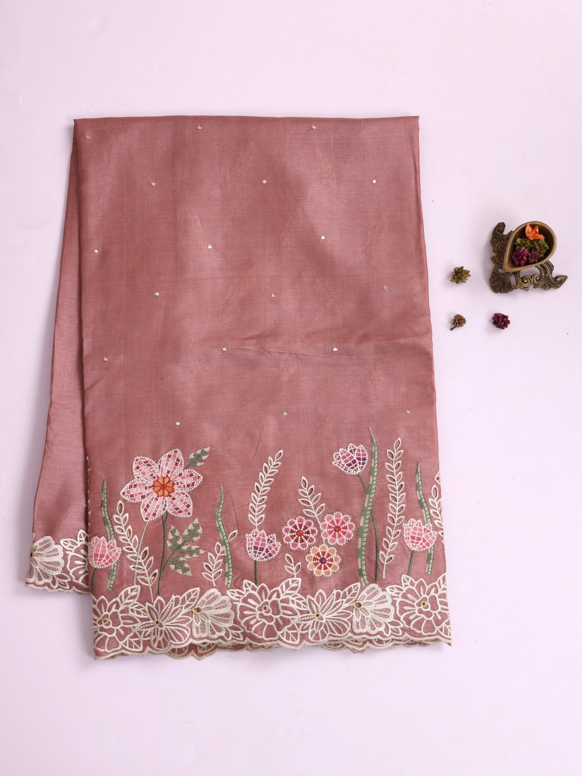 Pinkish Brown Tussar Silk Saree With Embroidered Cutwork Border