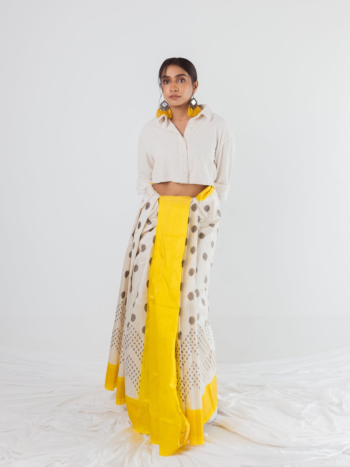 Off-White Ikat Silk Saree With Yellow Border