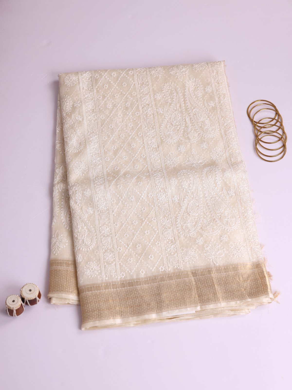 Off- White Kota Embroidered Silk Saree With Zari Border