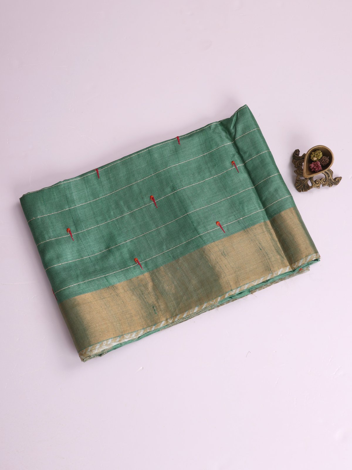 Green Striped Embroidered Tussar Silk Saree With Zari Border