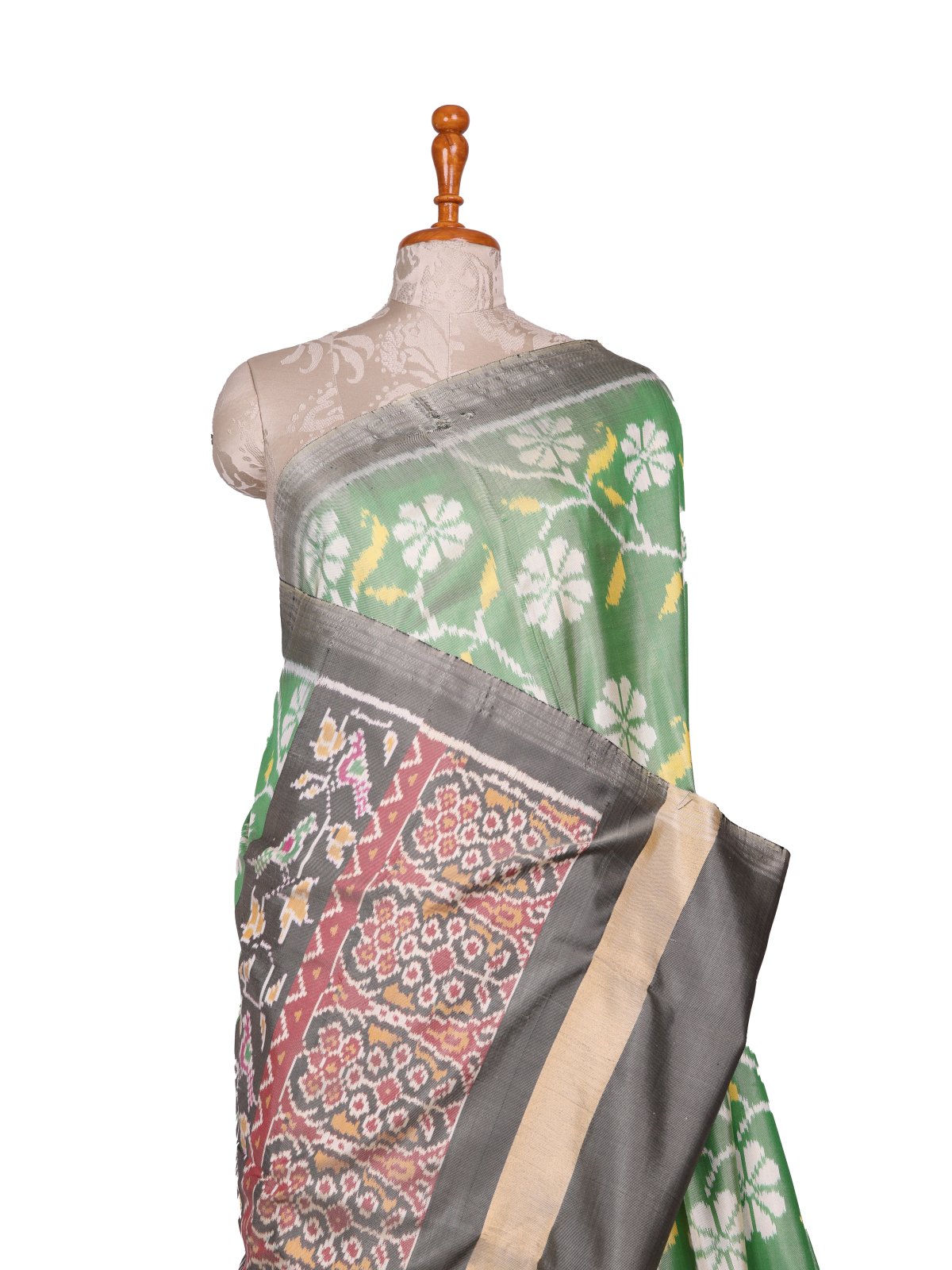 Pastel Green Patola Silk Saree With Grey Border
