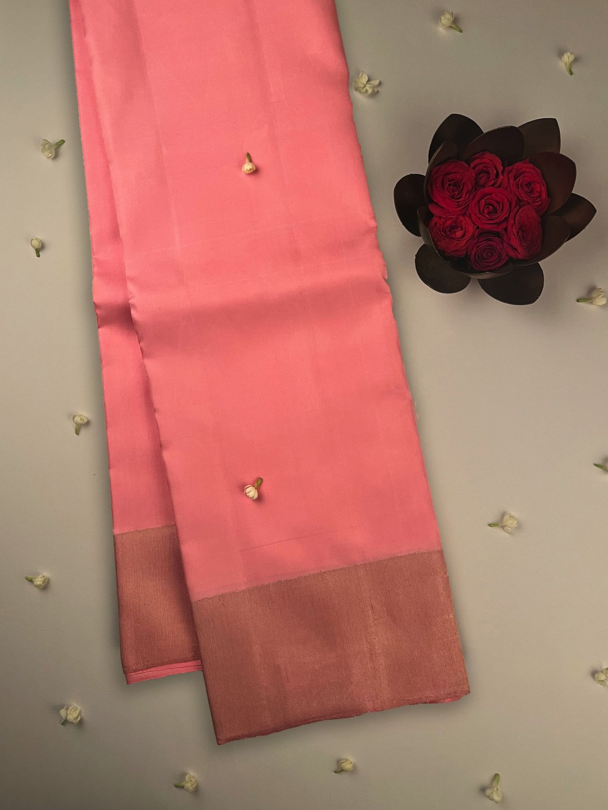 Pastel Pink Kanjeevaram Silk Saree With Bavanchi Border and Brocade Blouse