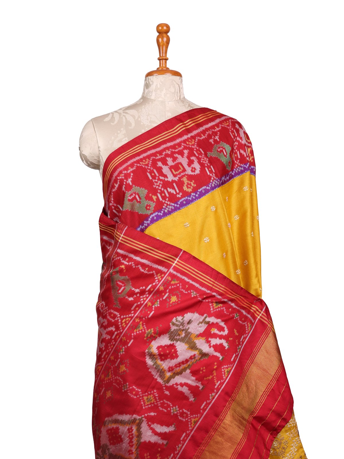 Mustard Yellow Embroidered Tussar Silk Saree With Red Patola Border