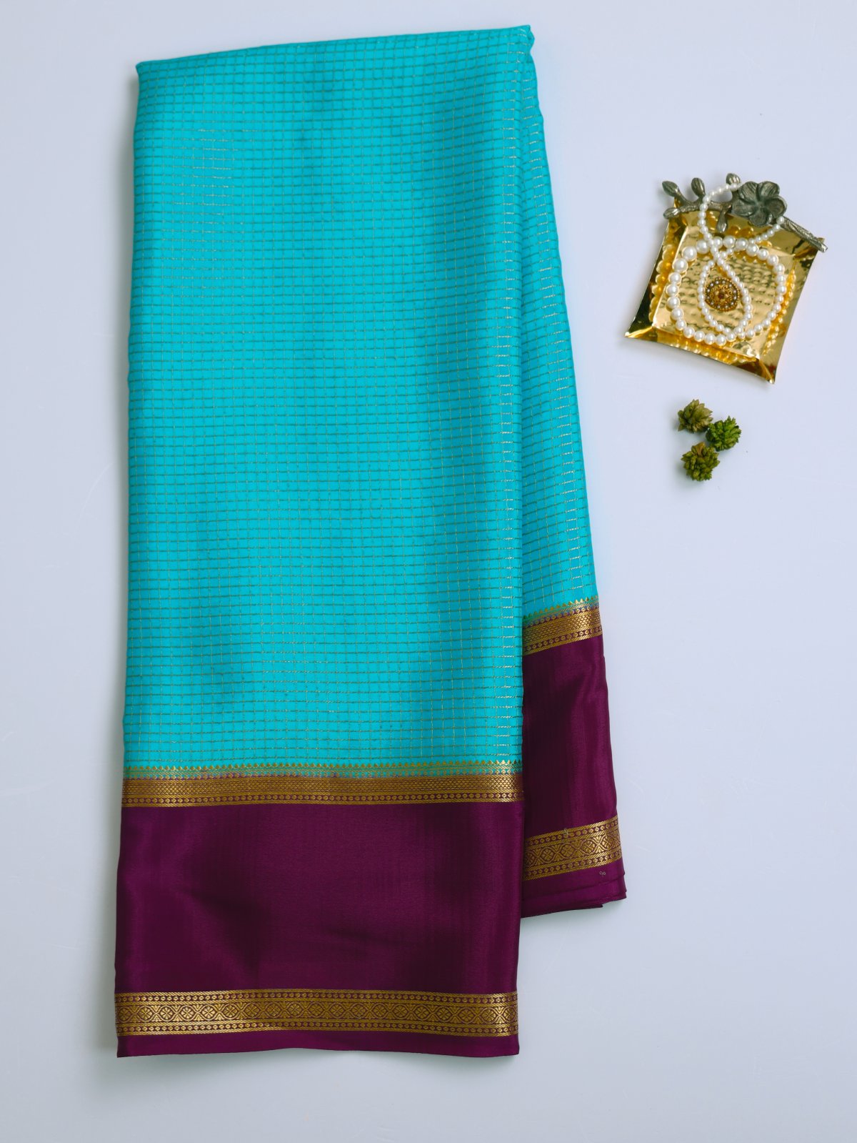 Anandha Blue Zari Checked Mysore Silk Saree With Purple  Border 
