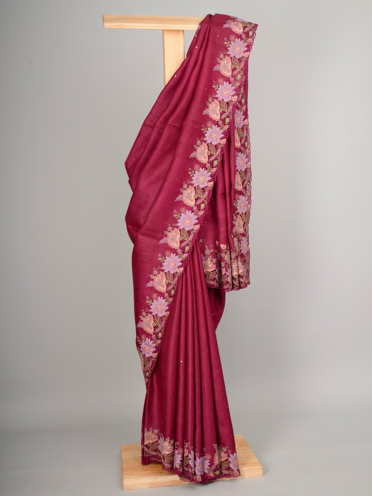 Reddish Violet Tussar Silk Saree with Floral Embroidery Border