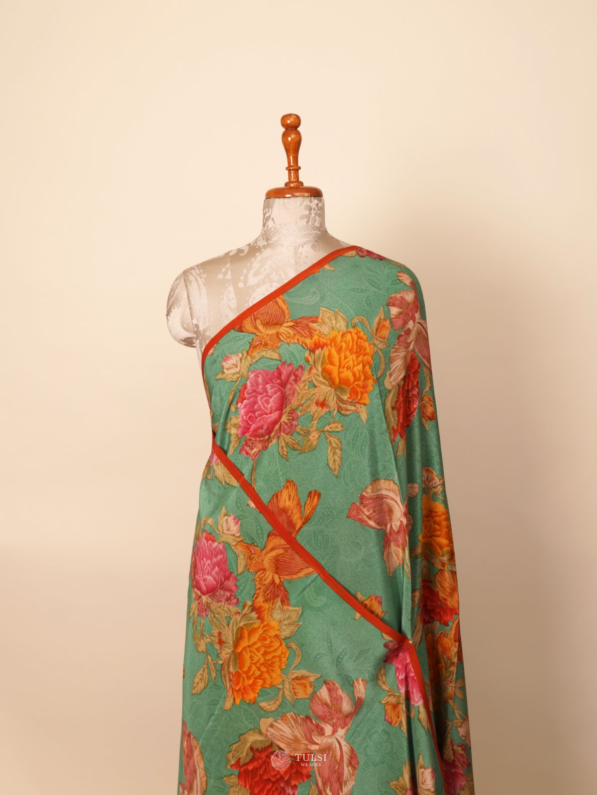 Green Floral Printed Crepe Silk Saree