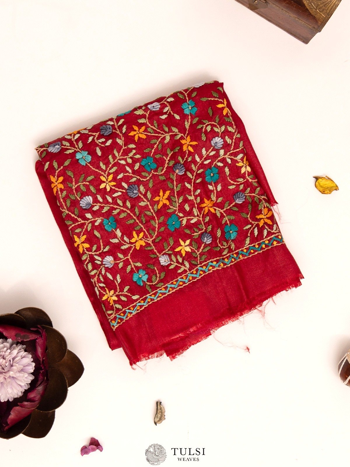 Cherry Red Tussar Blouse With Floral Embroidery