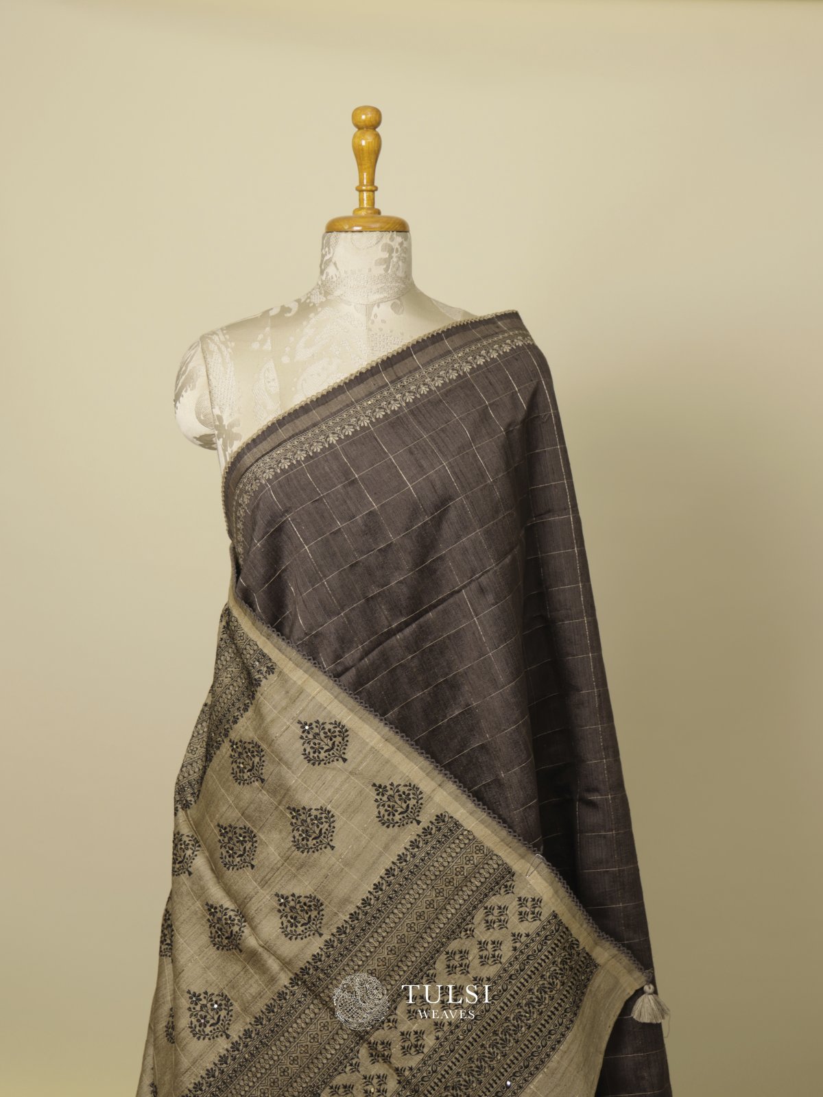 Dark Grey Tussar Embroidary Silk Saree