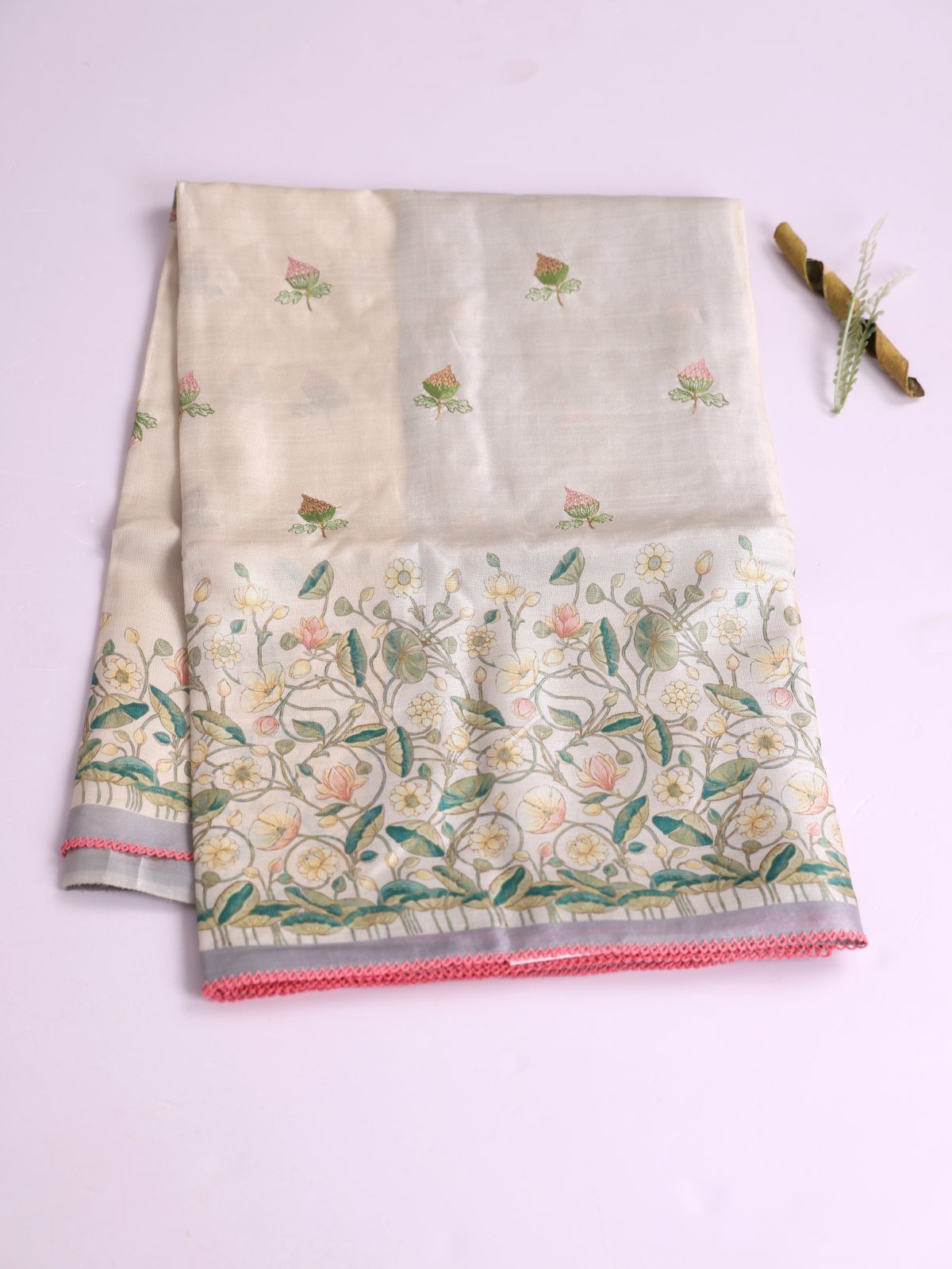 Cream Tussar Silk Saree With Printed Border