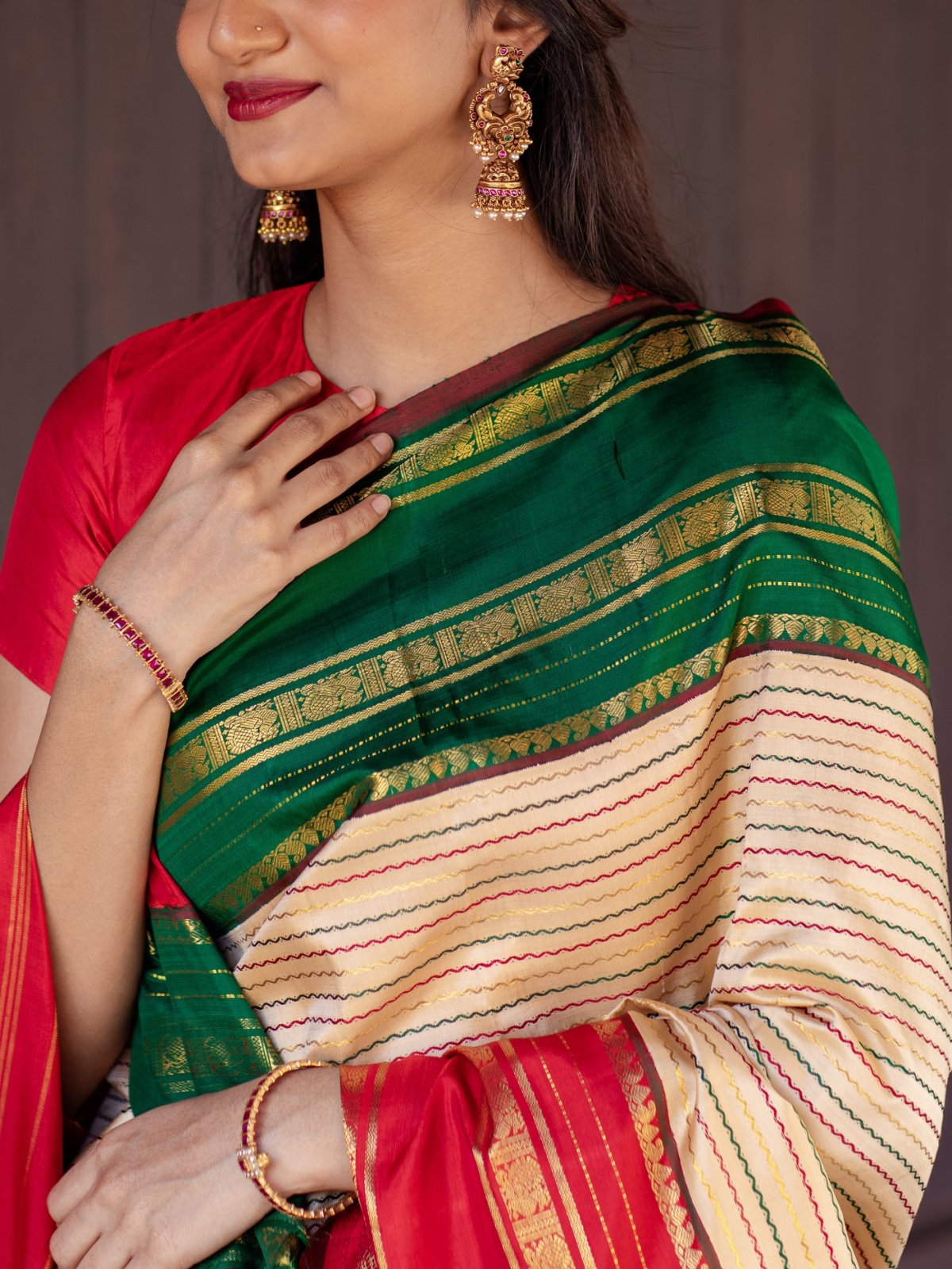 Beige Kanjeevaram Silk Saree With Ganga Jamuna Border Tulsi Weaves 6996