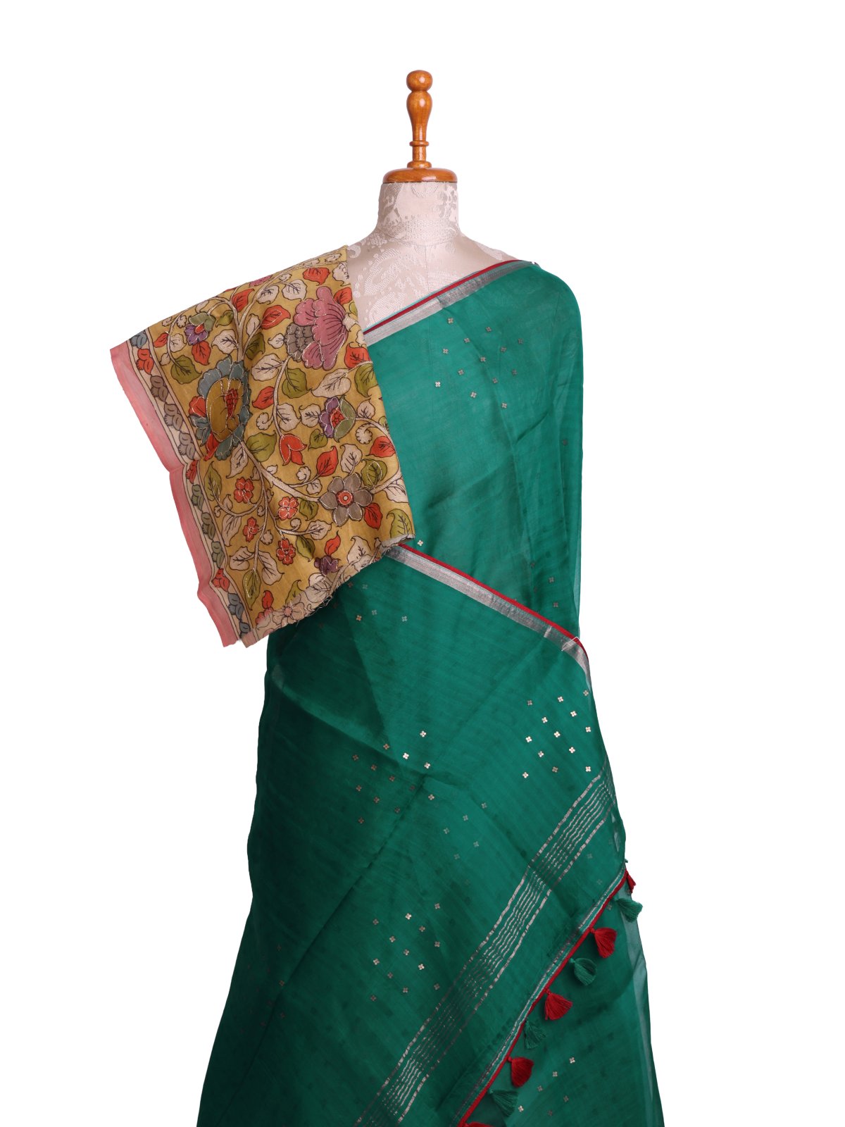 Peacock Green Organza Silk Saree with Kalamkari Blouse