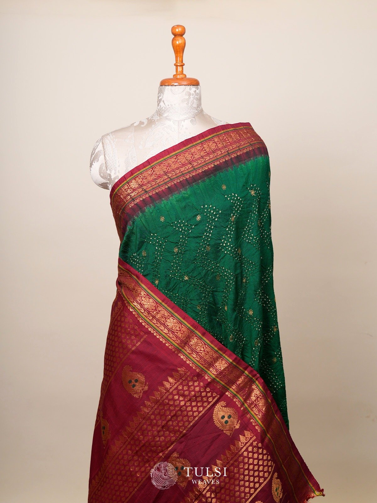 Dark Green Gadwal Silk Saree with Bandhini 