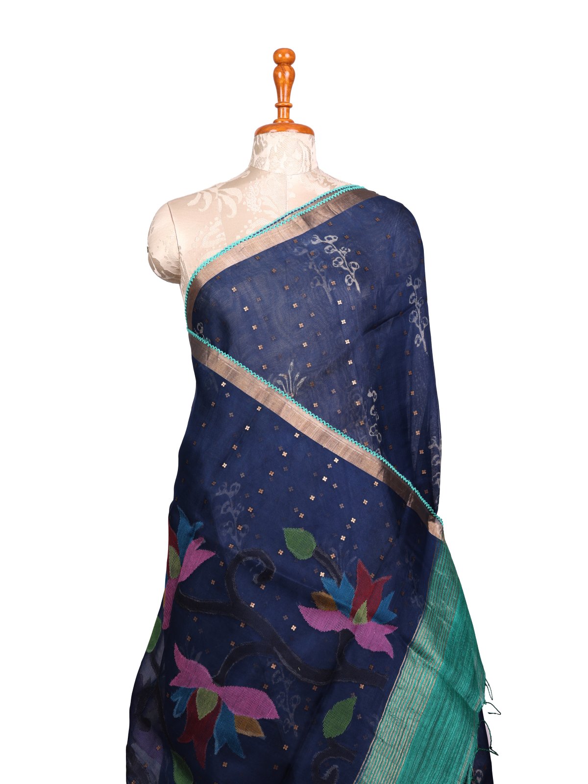 Dark Blue Printed Organza Silk Saree With Jamdani Pallu