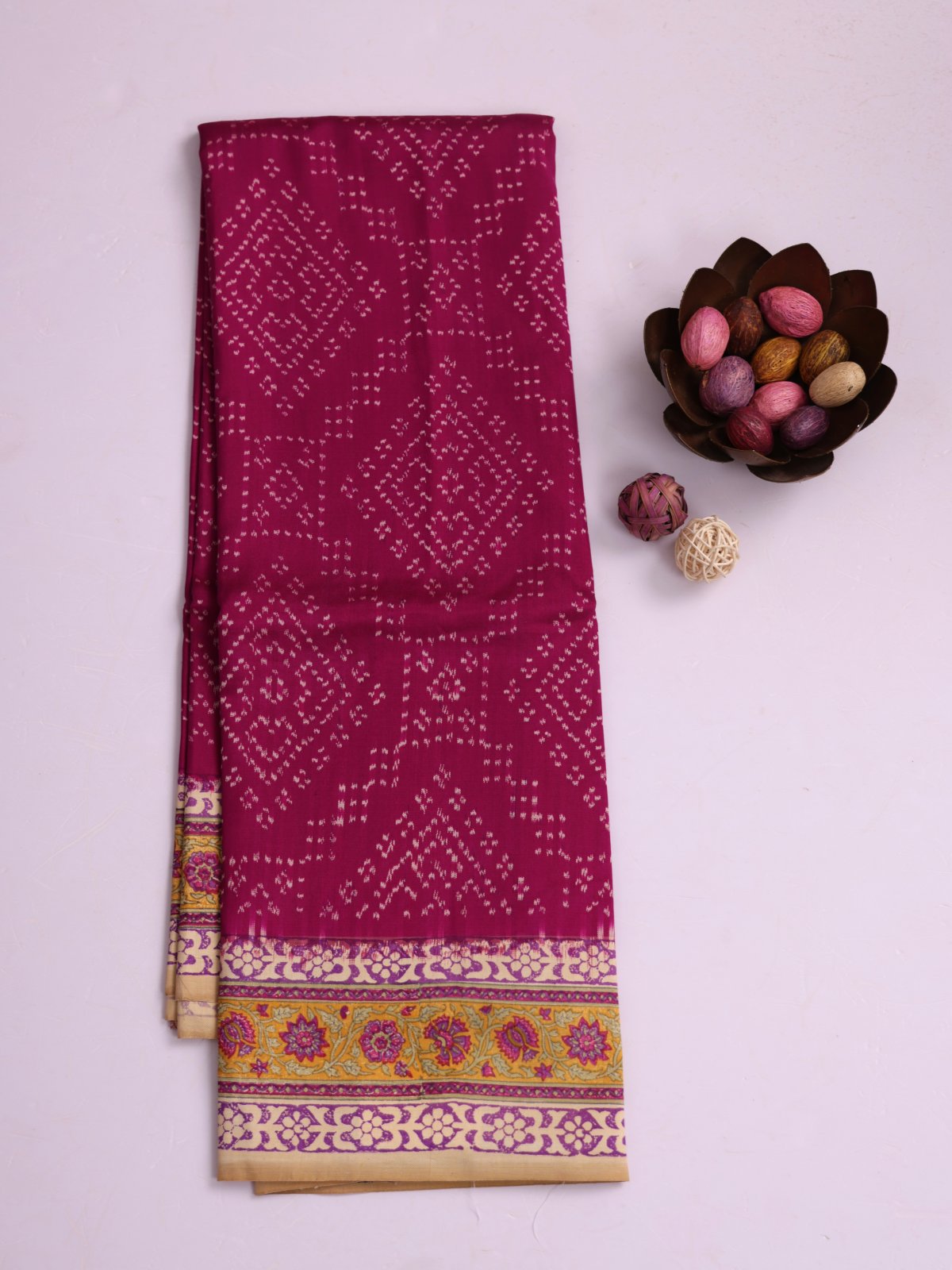 Magenta Printed Silk Saree With Beige Border