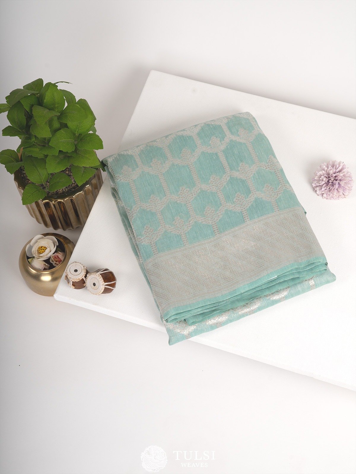 Ice Blue Linen Woven Saree With Zari Border