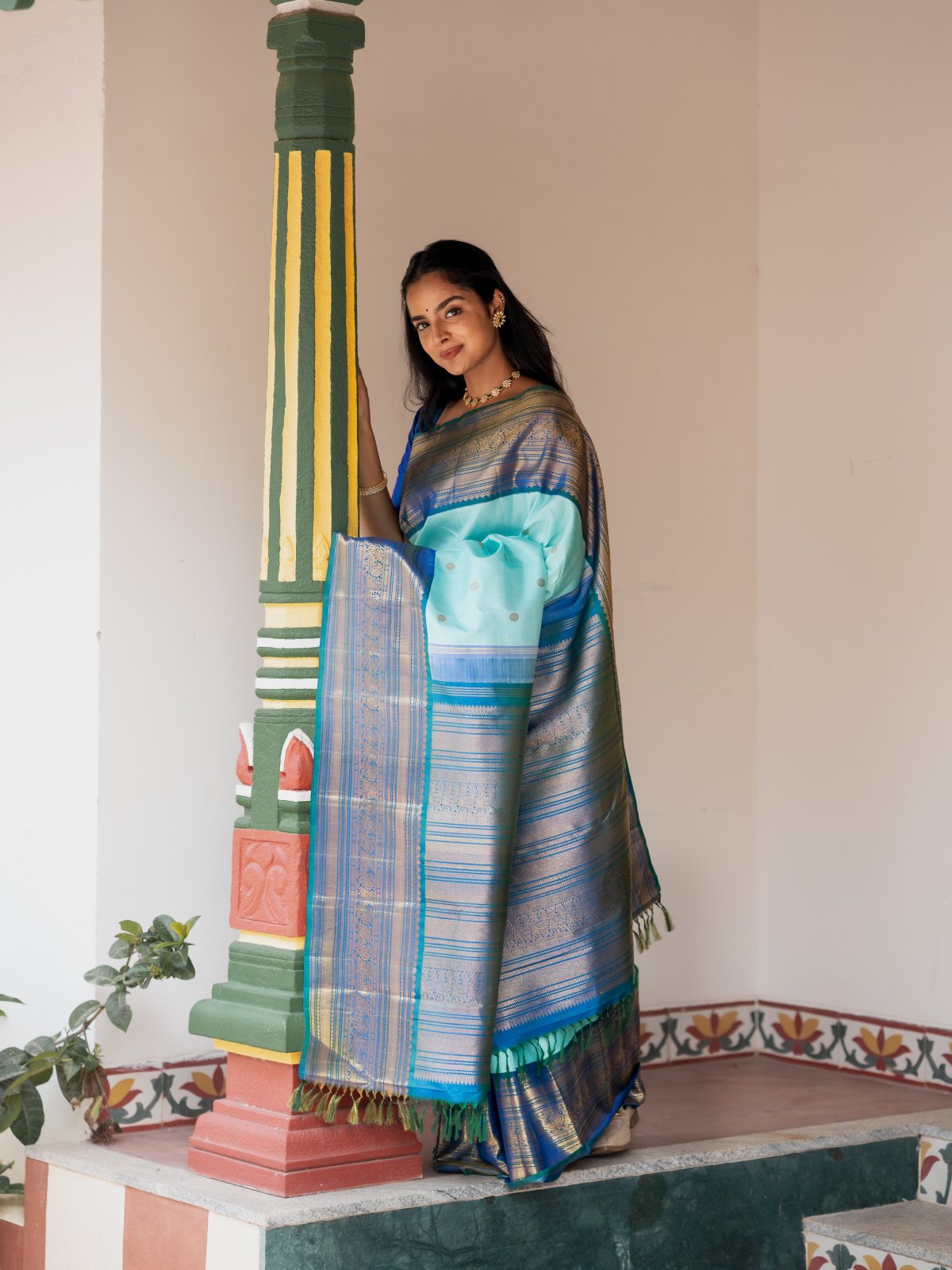 Light Blue Kanjeevaram Silk Saree With Peacock Blue Border