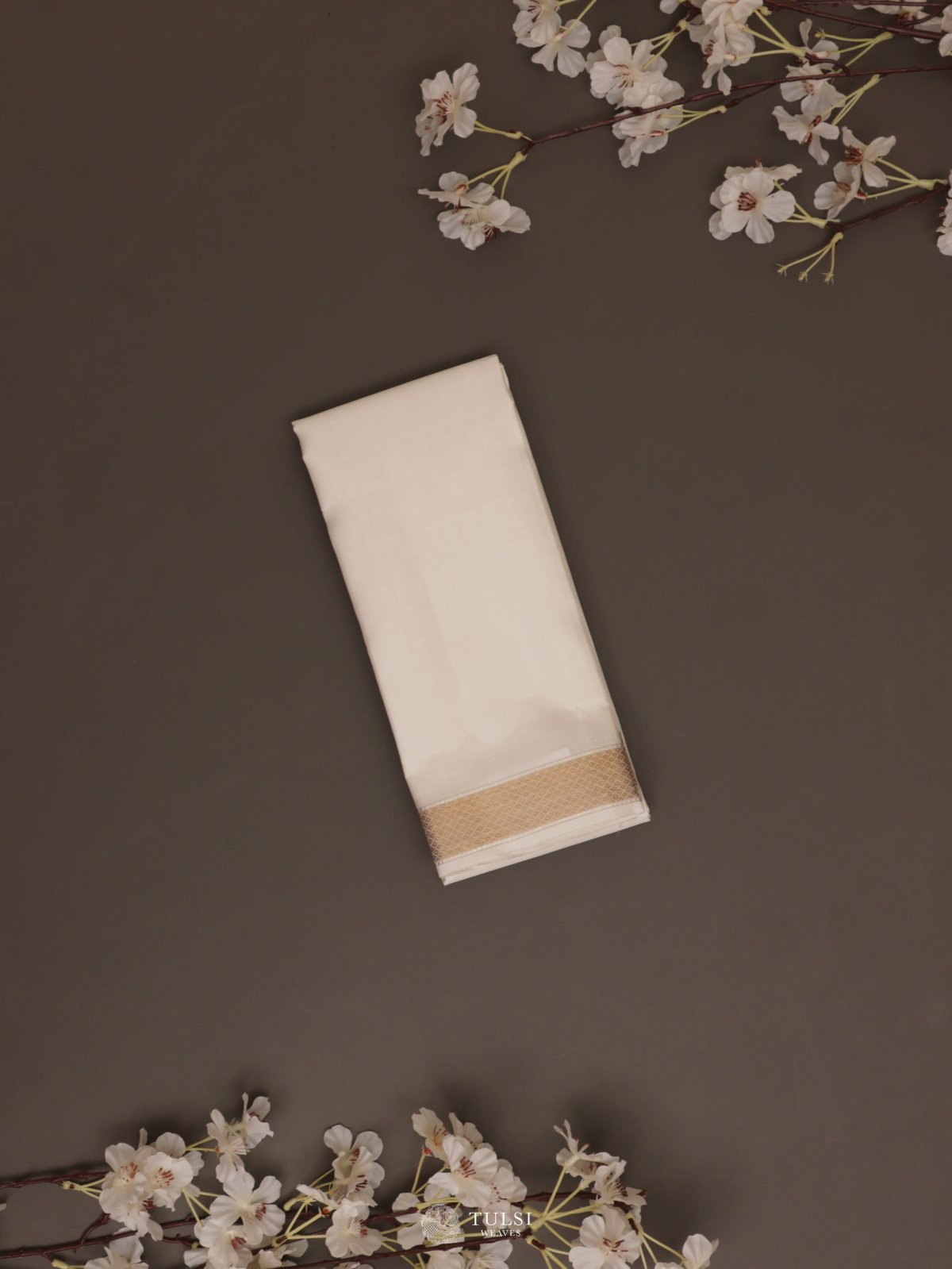 White Silk Dhoti With Zari Border