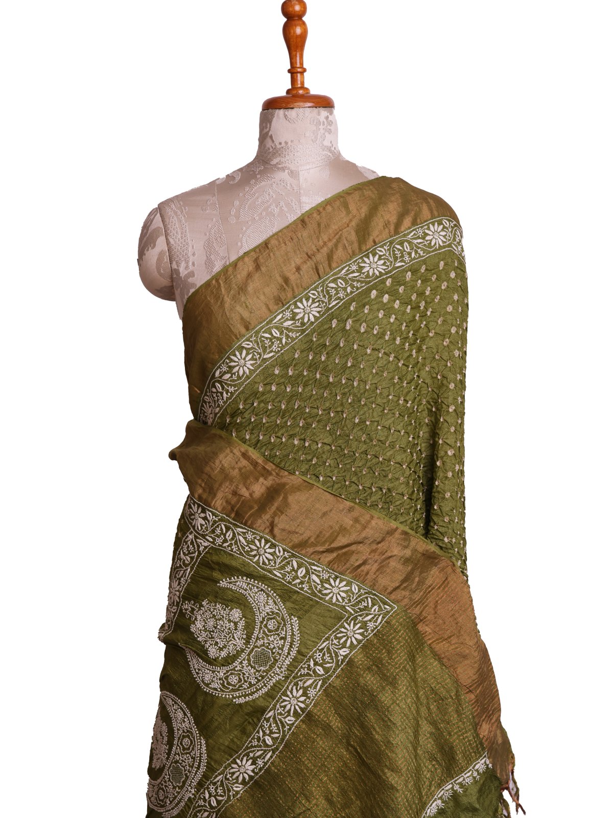 Mehndi Green Bandhini Silk Saree With Chikankari Embroidery