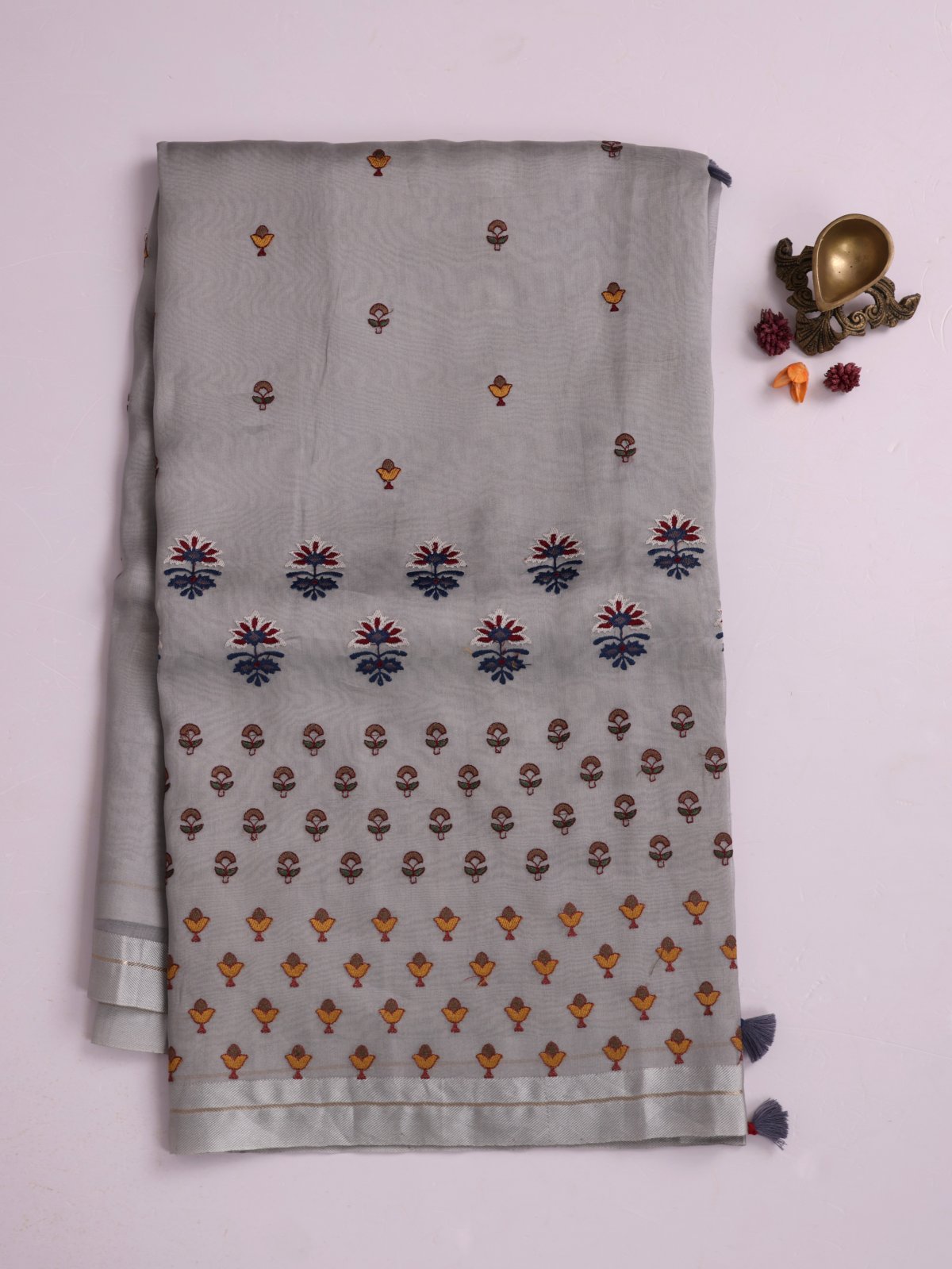 Grey Embroidered Organza Silk Saree