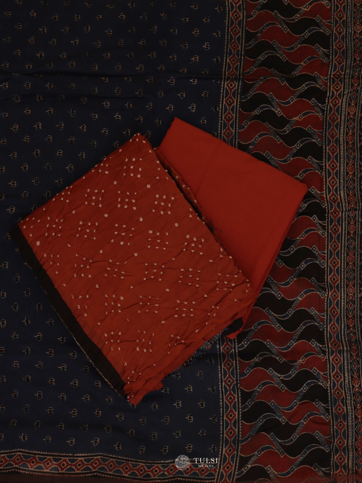 Brick Red Bandhini Salwar Material With Ajrakh Dupatta