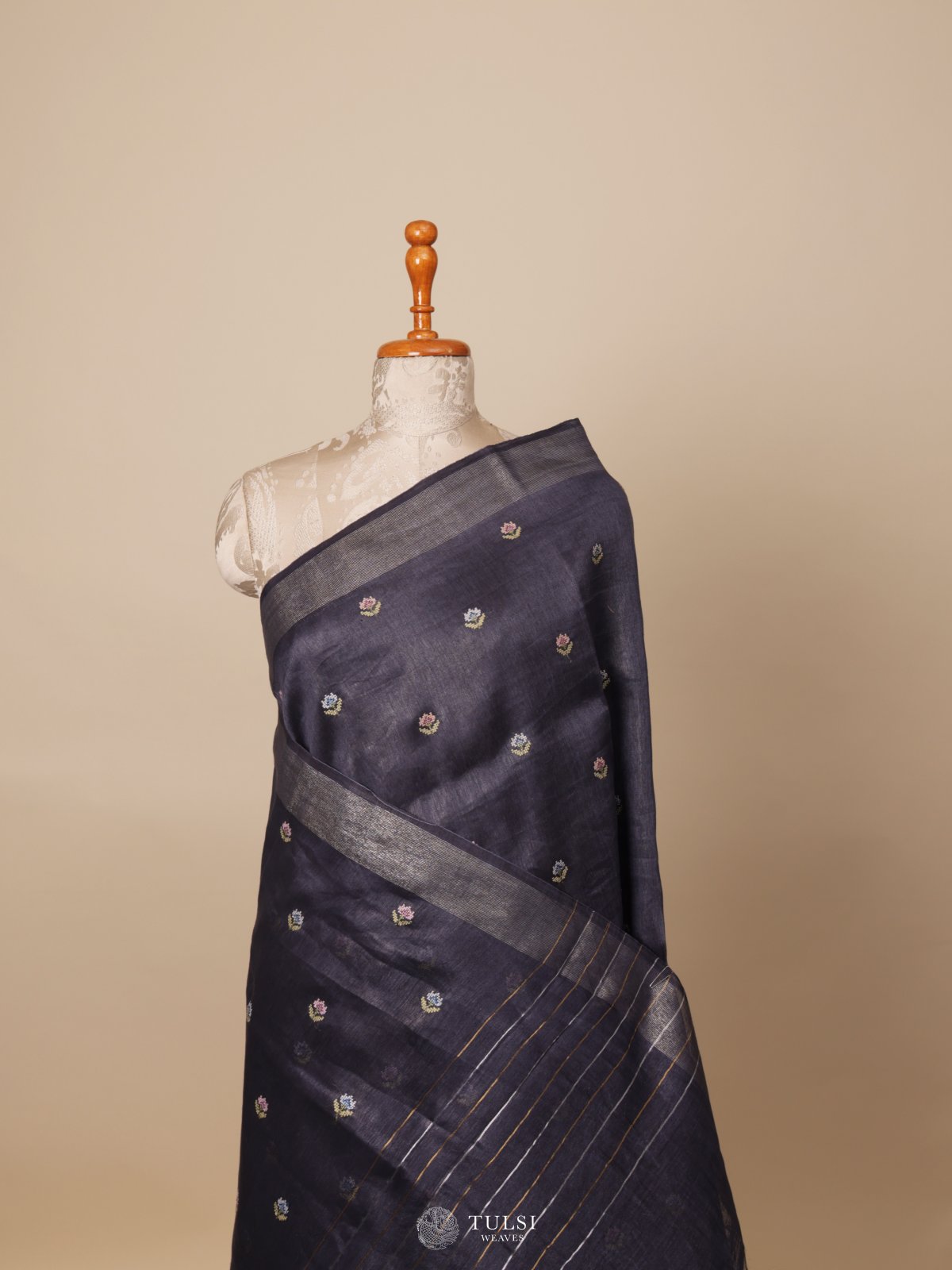 Dark Navy Blue Linen Saree With Embroidery
