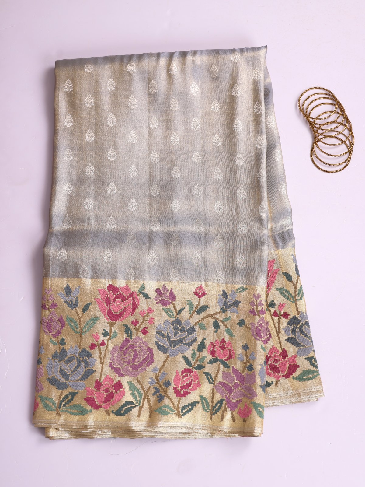 Grey Tissue Kanjeevaram Silk Saree With Embroidered Border