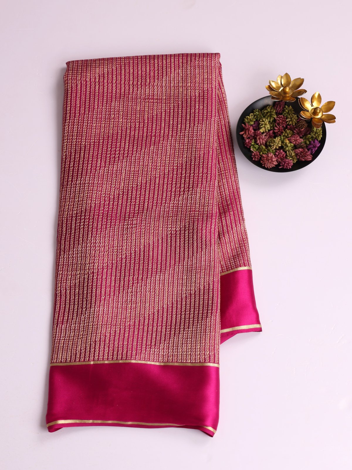 Rani Pink Striped Mysore Crepe Silk Saree with Satin Border