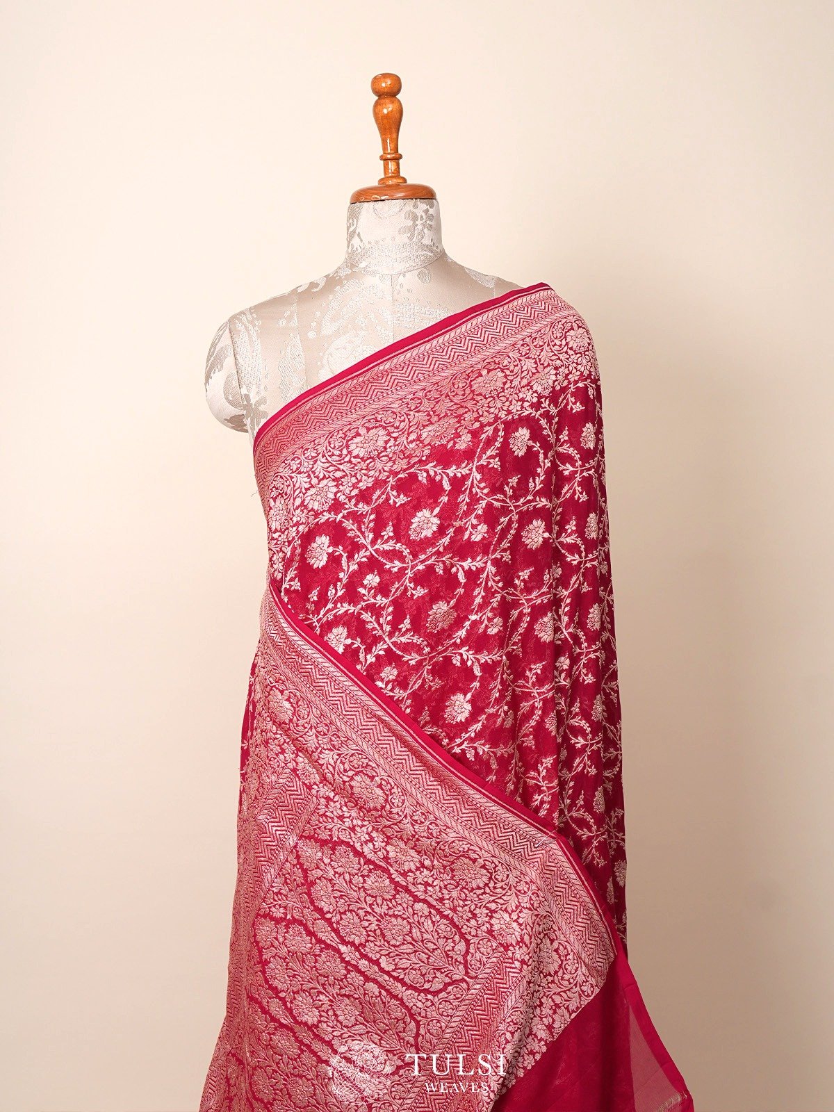 Redish Pink Banaras Georgette Silk Saree