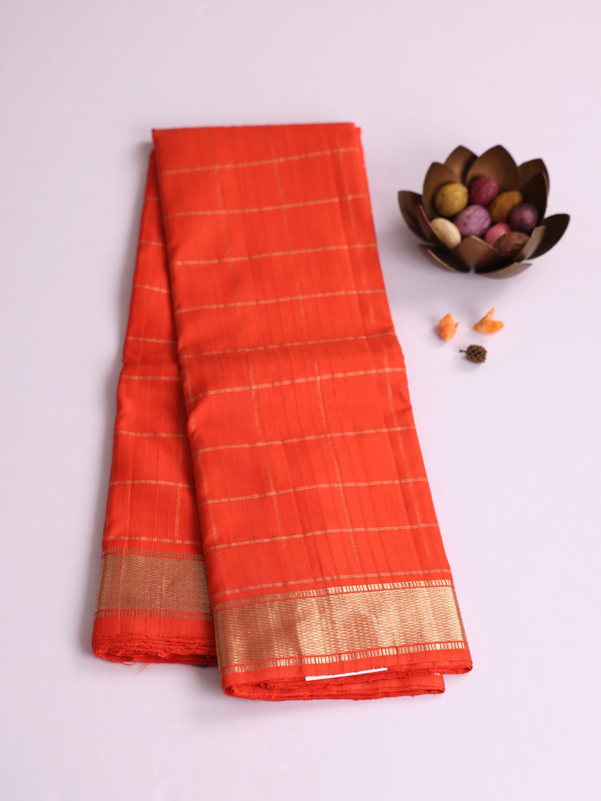 Bright Orange Zari Checked Kanjeevaram Silk Saree With Zari Border