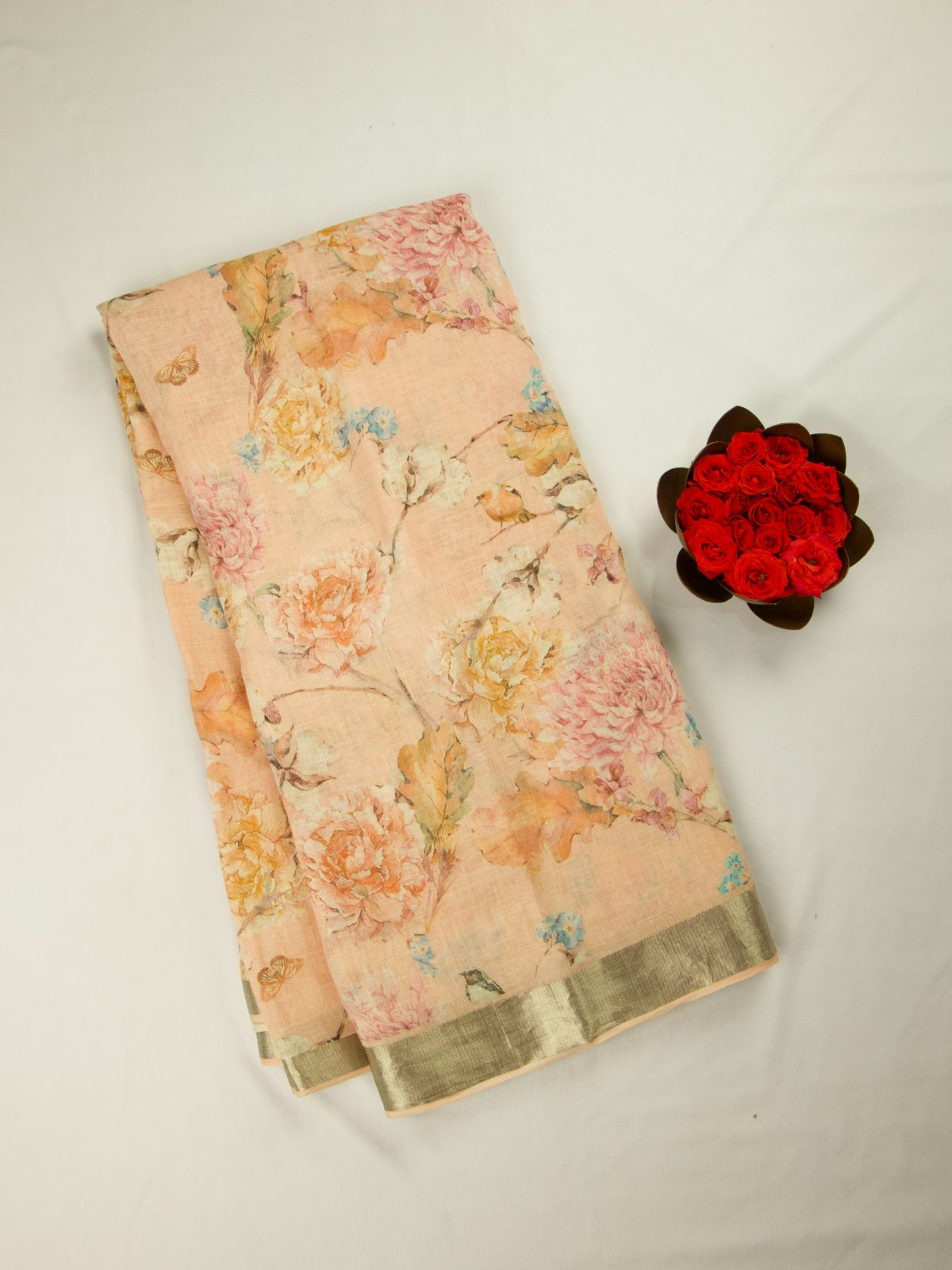 Peach Floral Prints Linen Saree