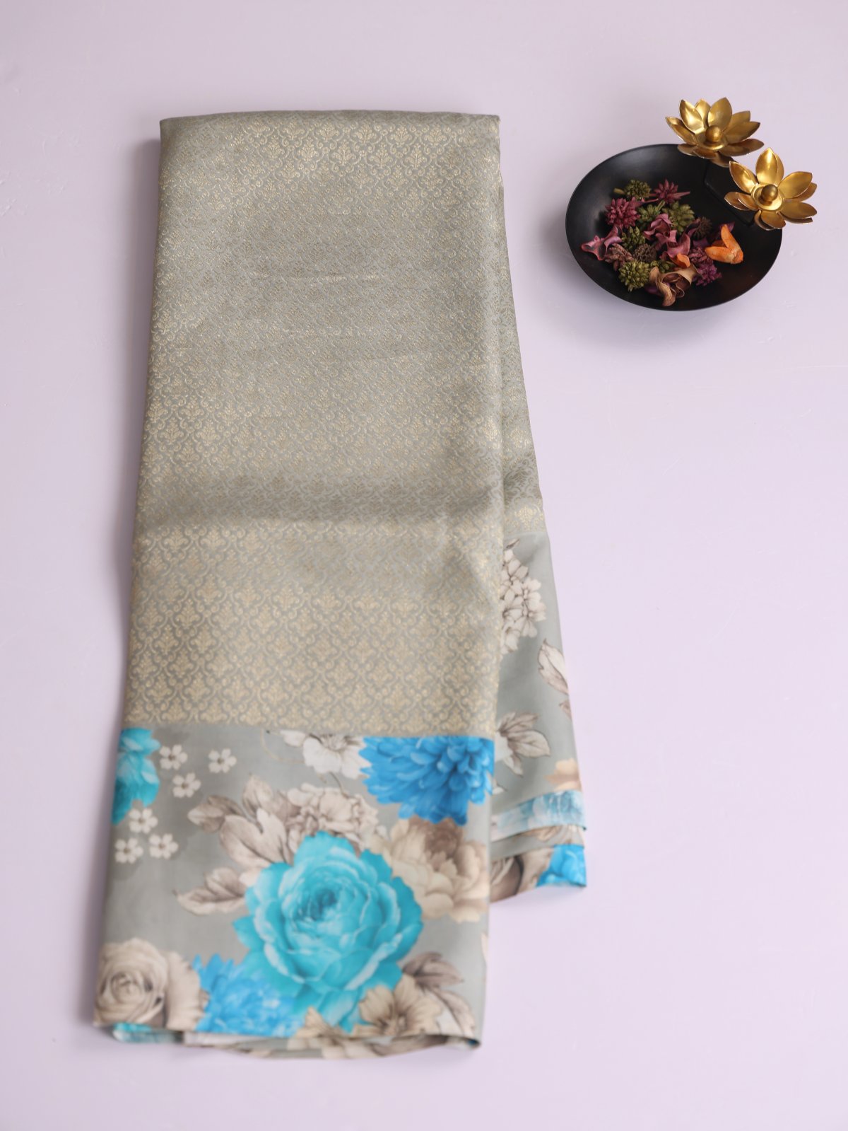 Light Greenish Gray Brocade Kanjeevaram Silk Saree With Printed Border