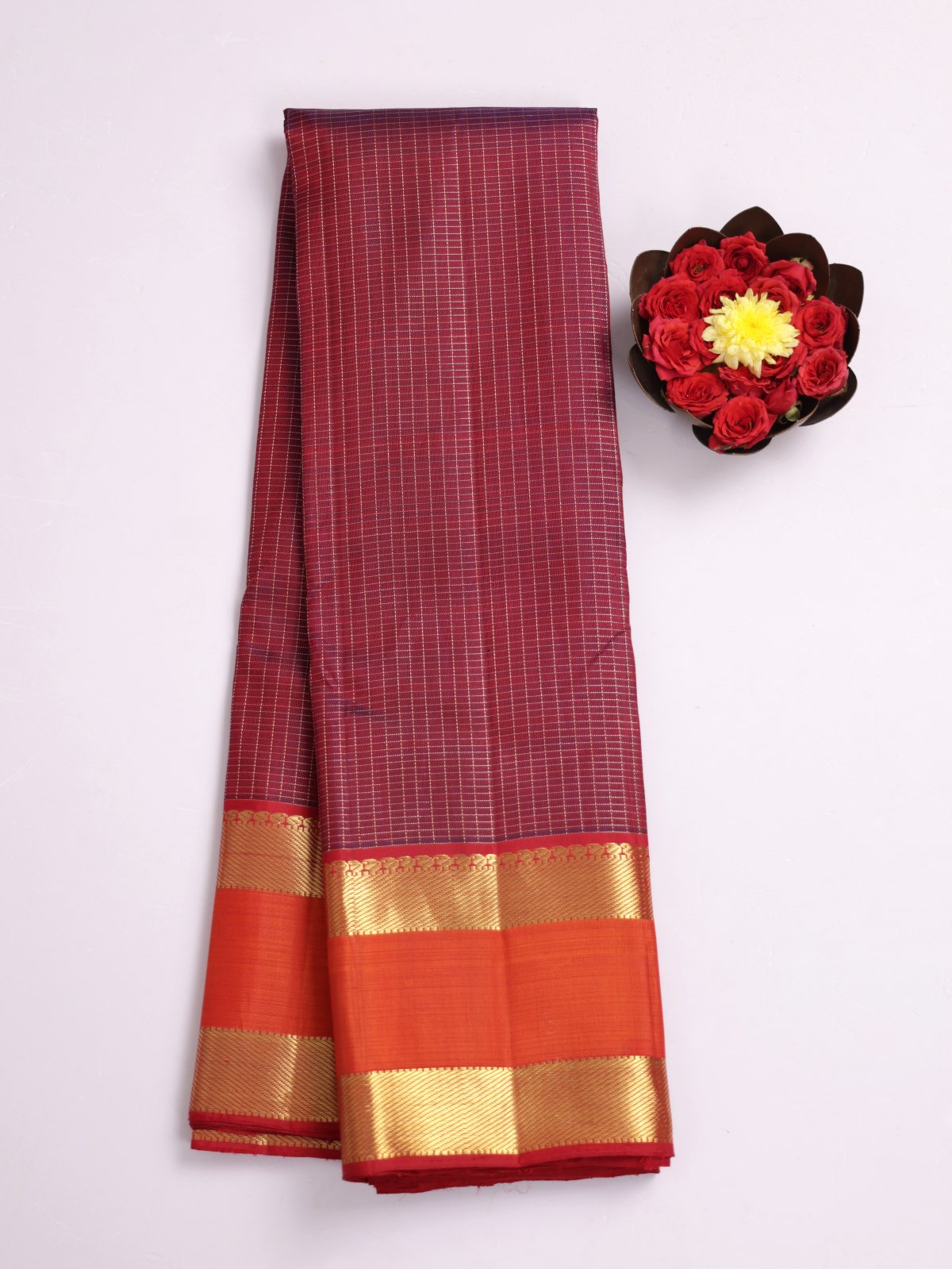 Burgundy Zari Checked Kanjeevaram Silk Saree With Orange Zari Border