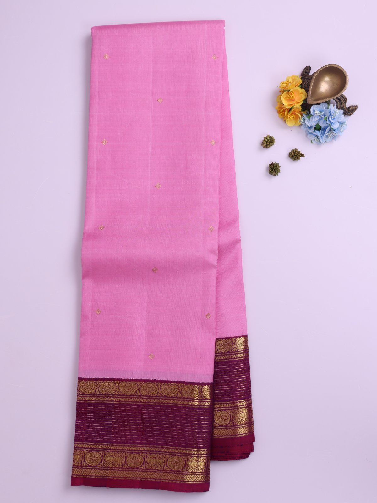Pink Kanjeevaram Silk Saree With Magenta Border