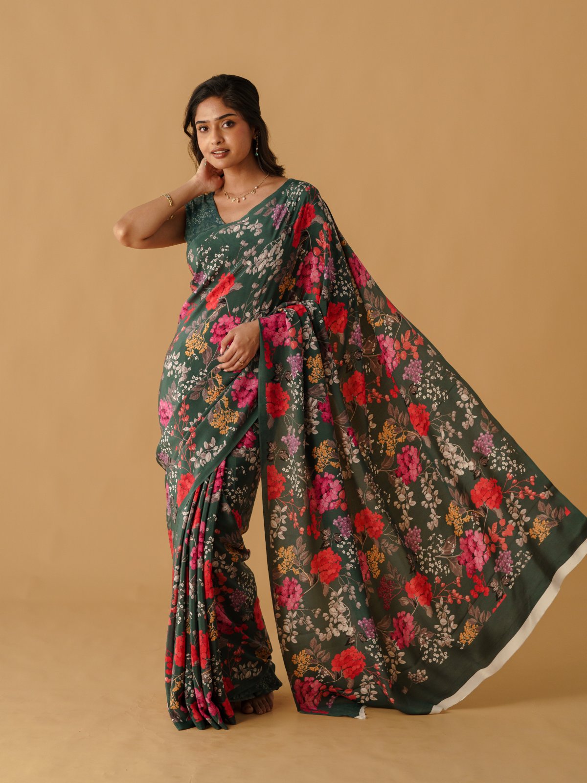 Dusty Dark Green Printed Crepe Silk Saree 