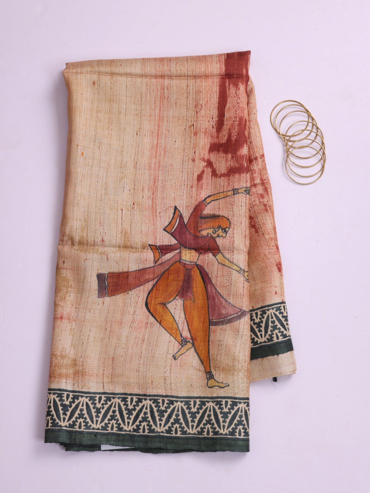 Beige Printed Tussar Silk Saree With Kantha Embroidery