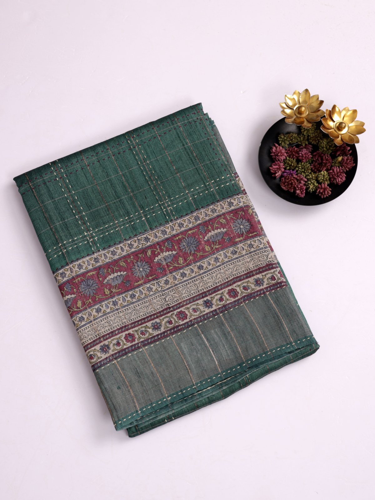 Dark Greenish Grey Zari Checked Printed Tussar Silk Saree with Kantha Embroidery