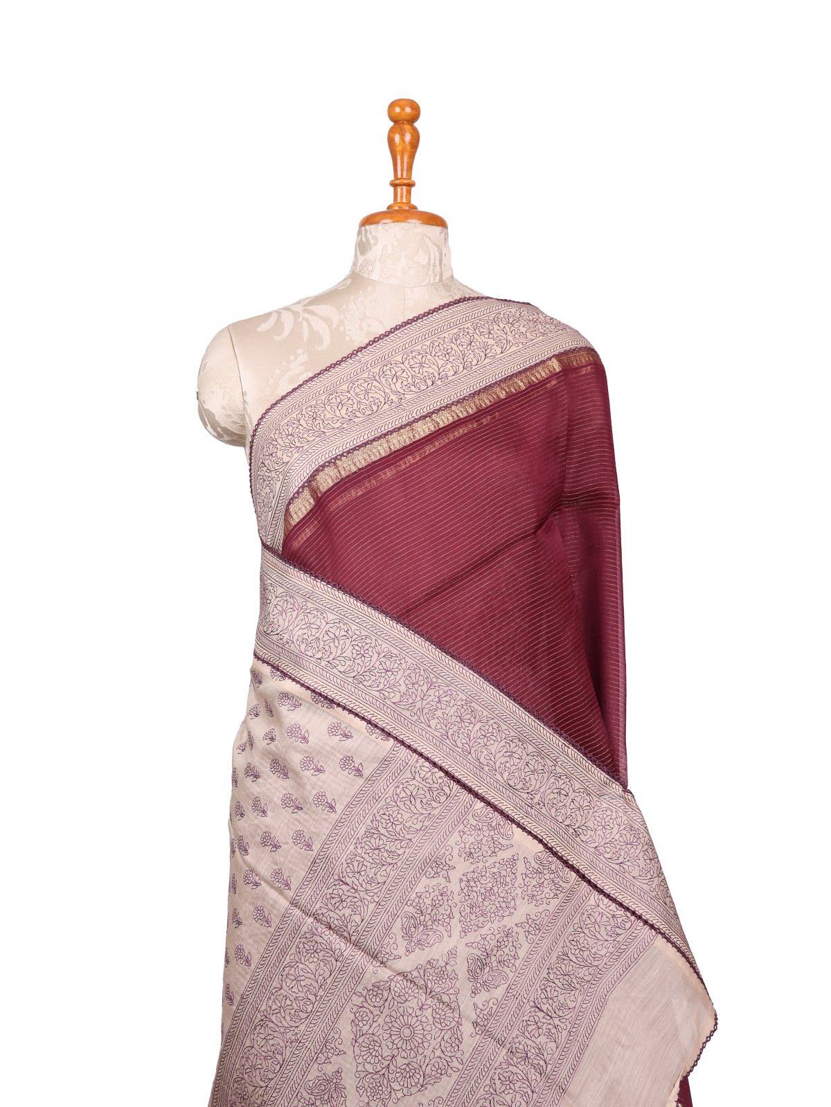 Wine Organza Silk Saree with Beige Embroidered Border