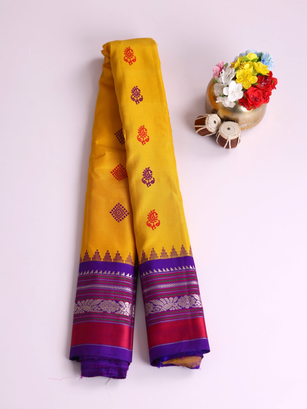 Yellow Gadwal Silk Saree with Violet Pattu Pettu Border