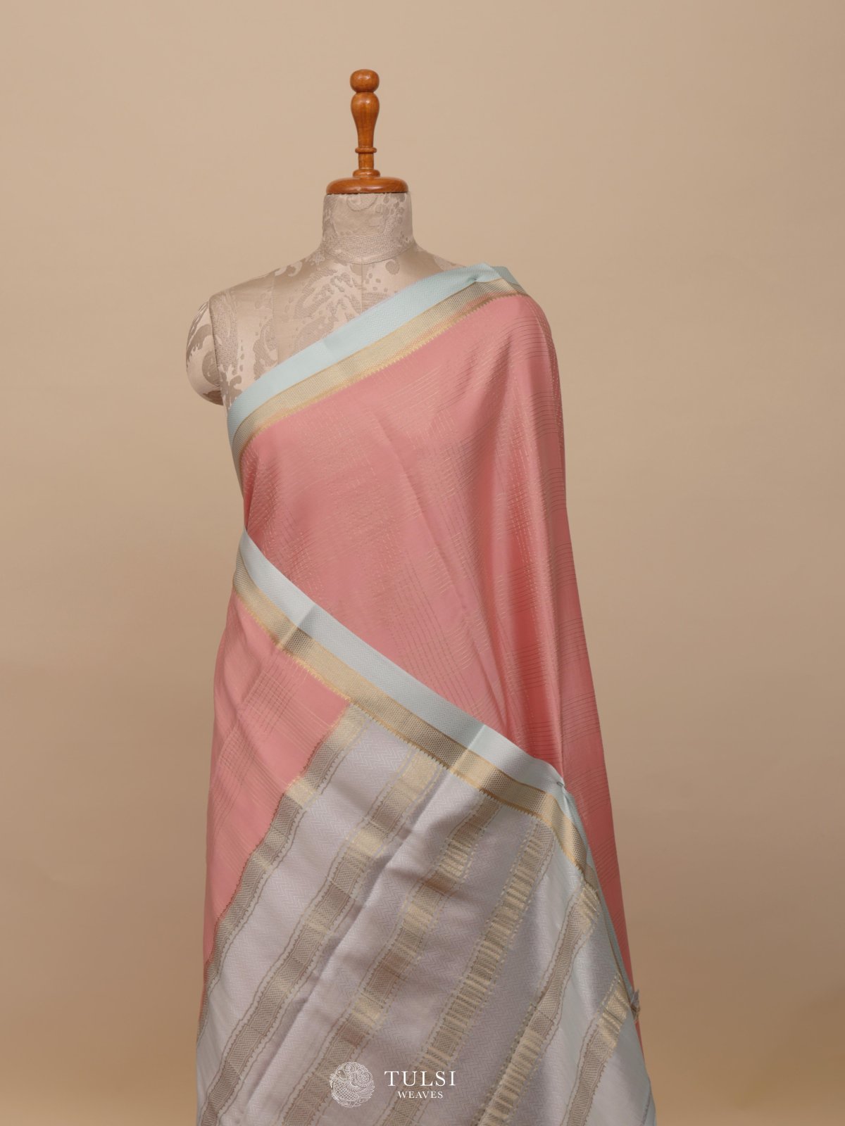 Pink Mysore Silk Saree With Blue Border