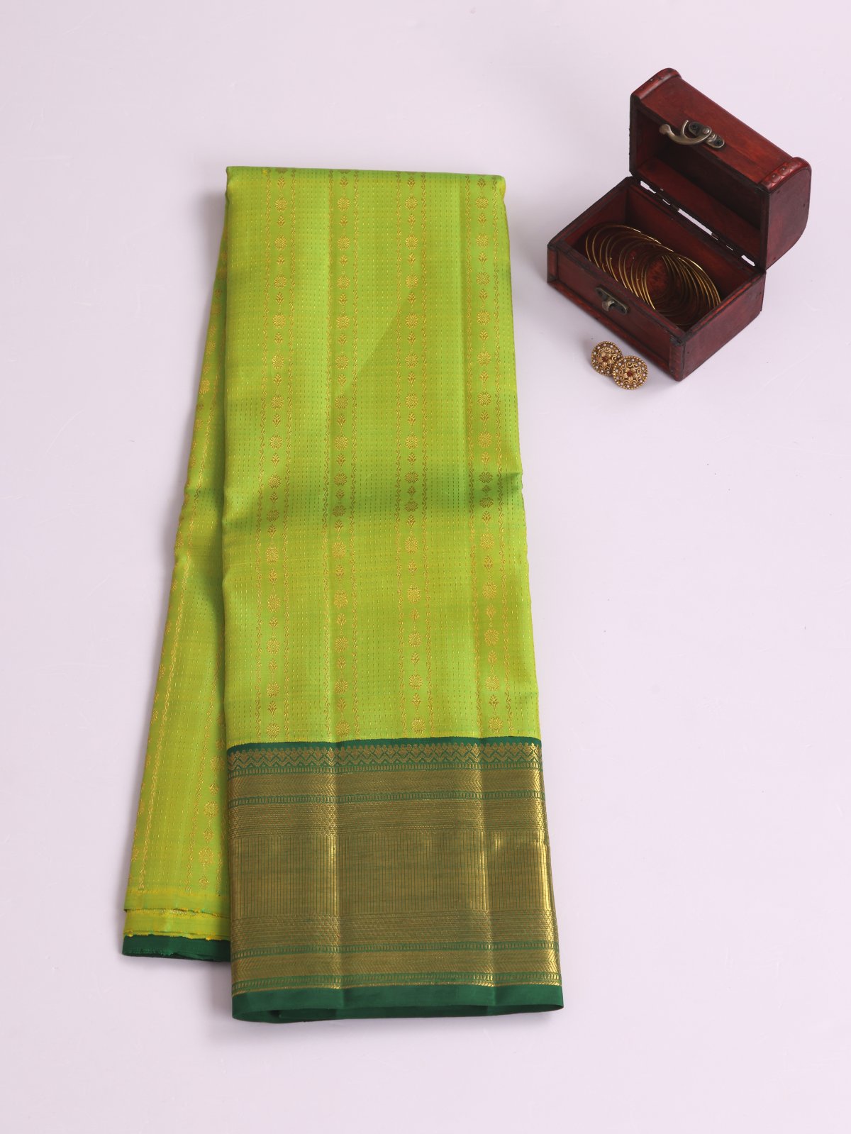 Parrot Green Kanjeevaram Silk Pavadai With Green Border