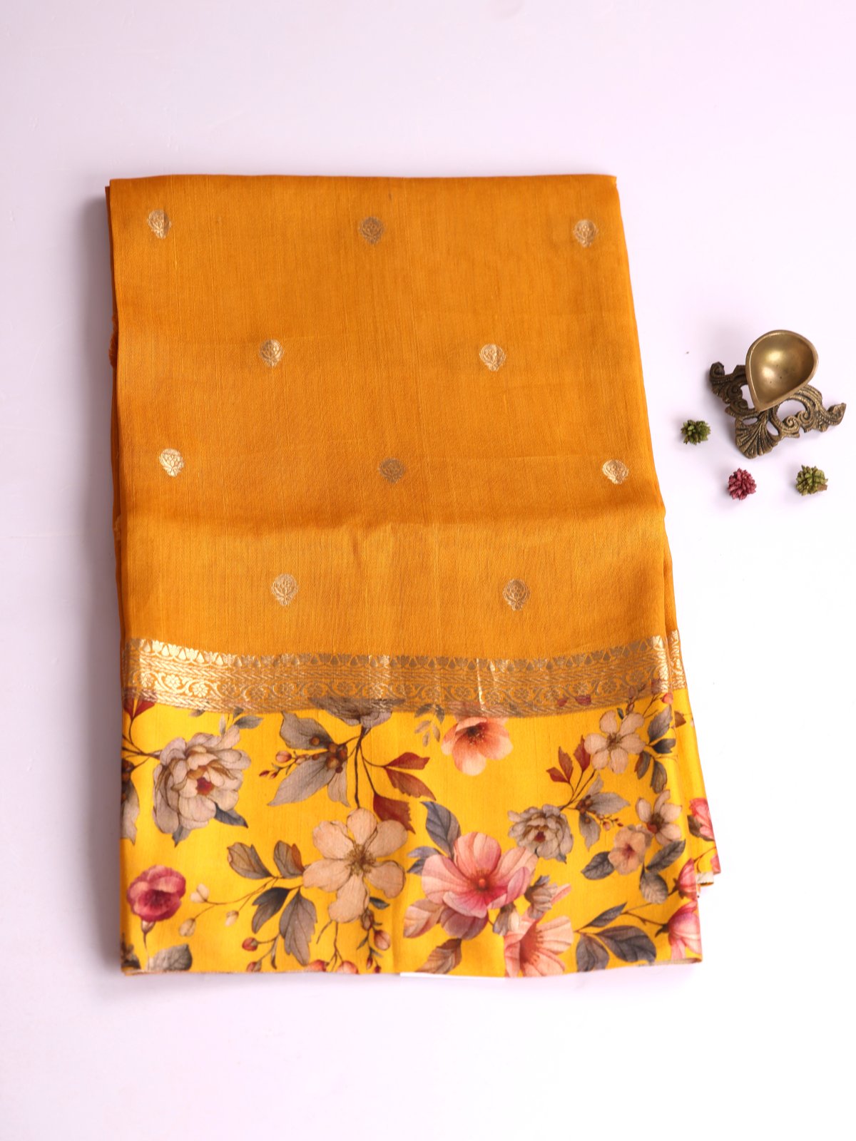 Yellowish Orange Tussar Silk Saree With Printed Satin Border