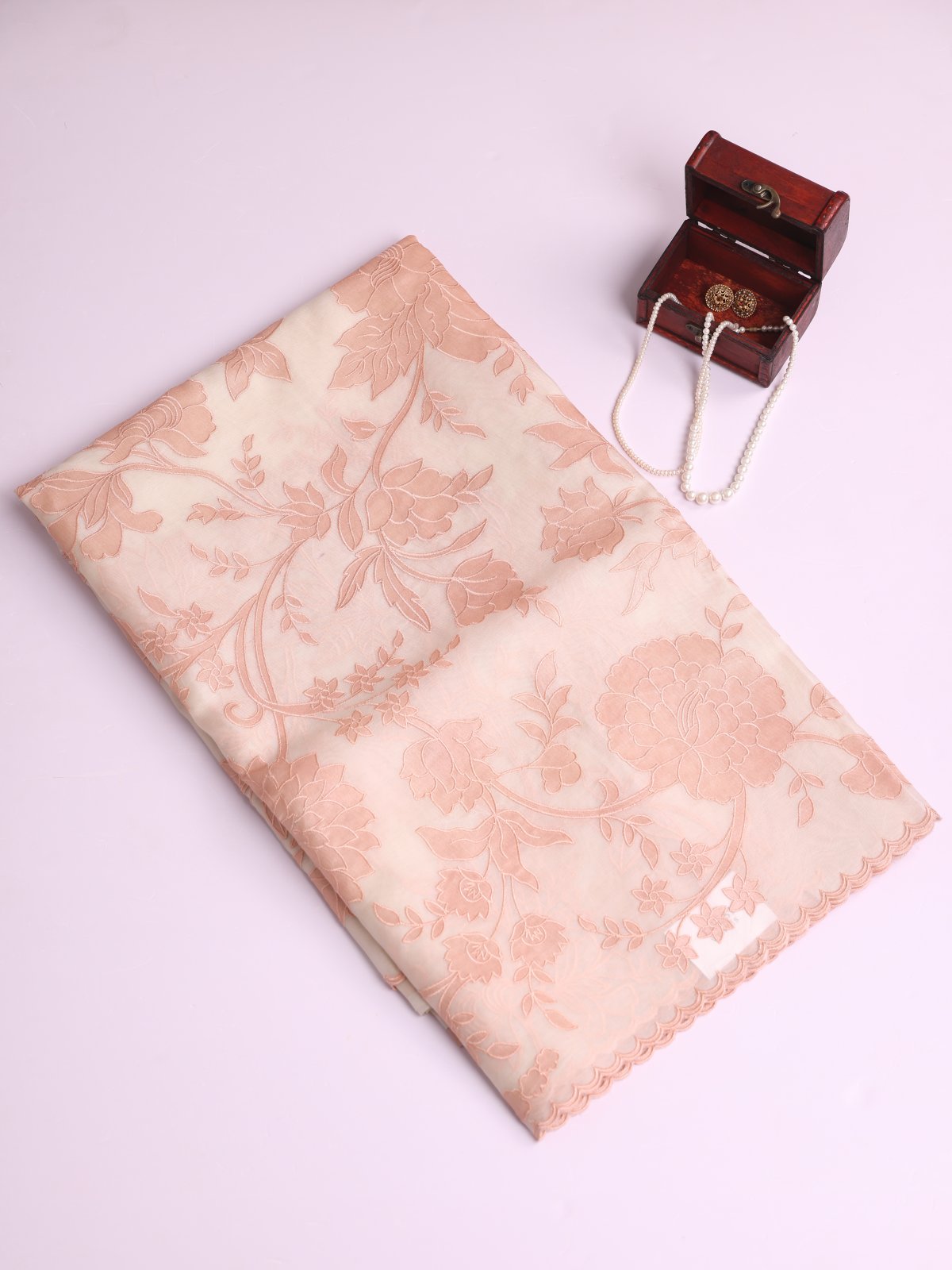 Cream Organza Silk Saree With Light Peach Applique Work