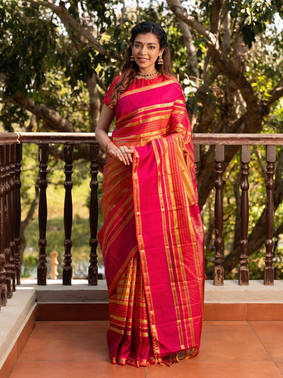 Pinkish Orange Kanjeevaram Silk Saree with Contrast Border 