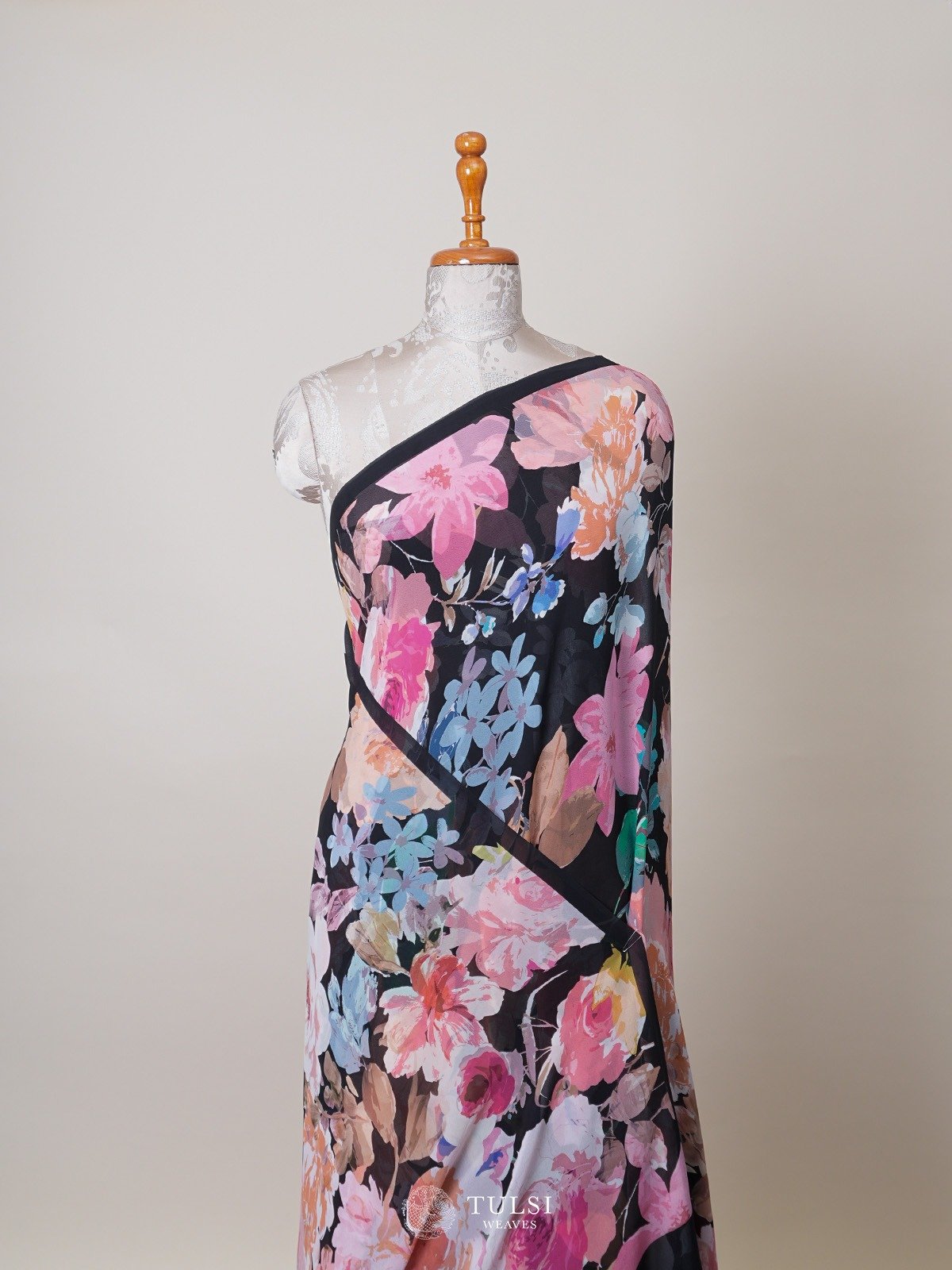 Black Floral Printed Georgette Silk Saree
