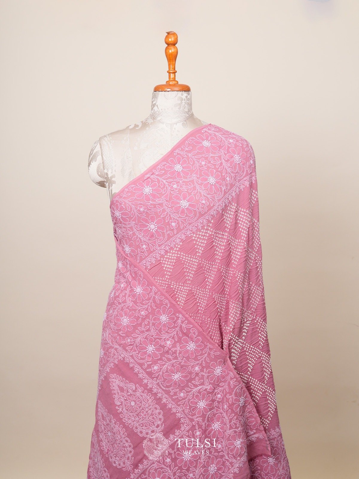 Dusty Pink Bandhini Crepe Silk Saree