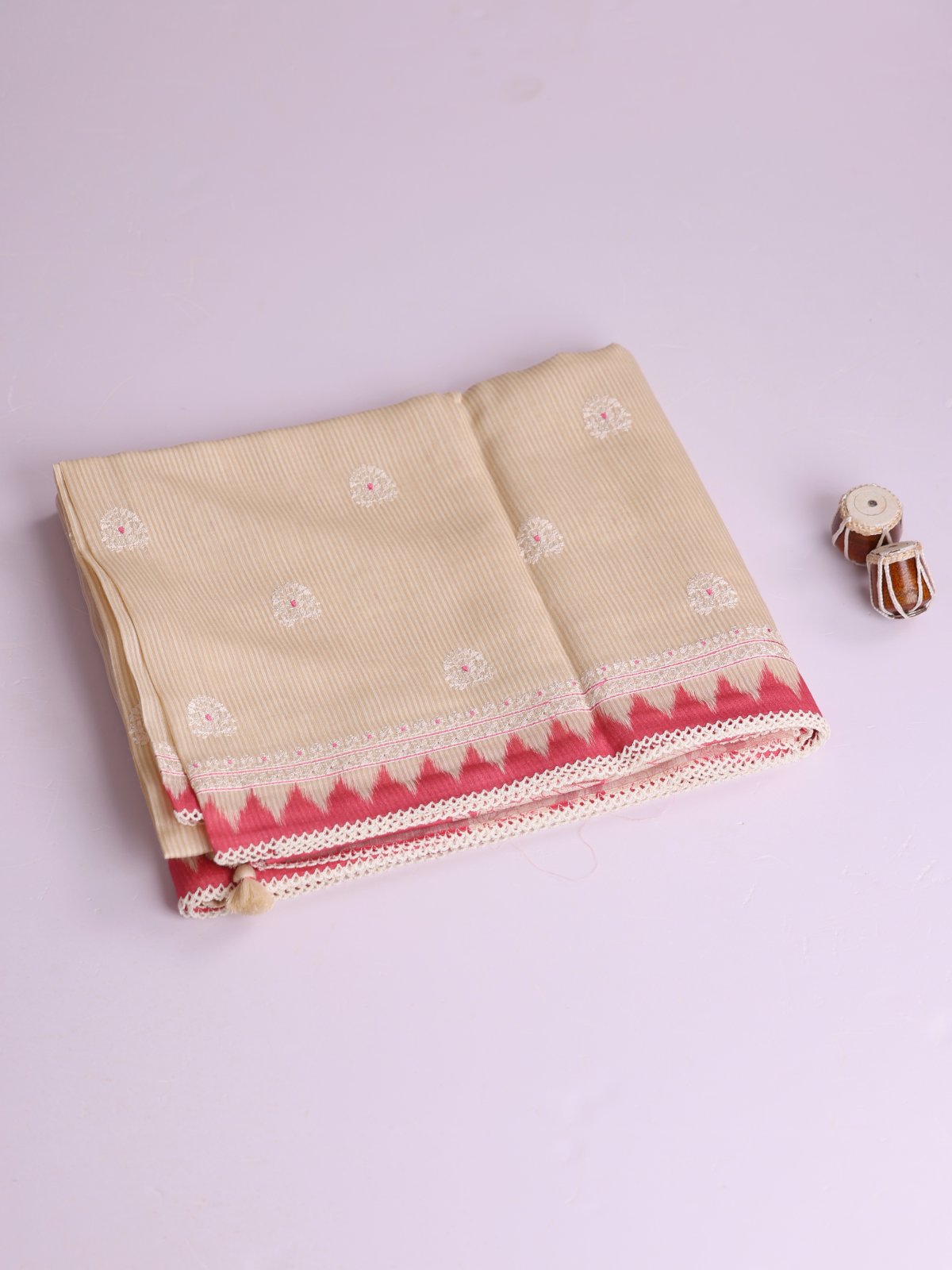 Beige And Cream Striped Munga Tussar Silk Saree With Peachy Pink Border