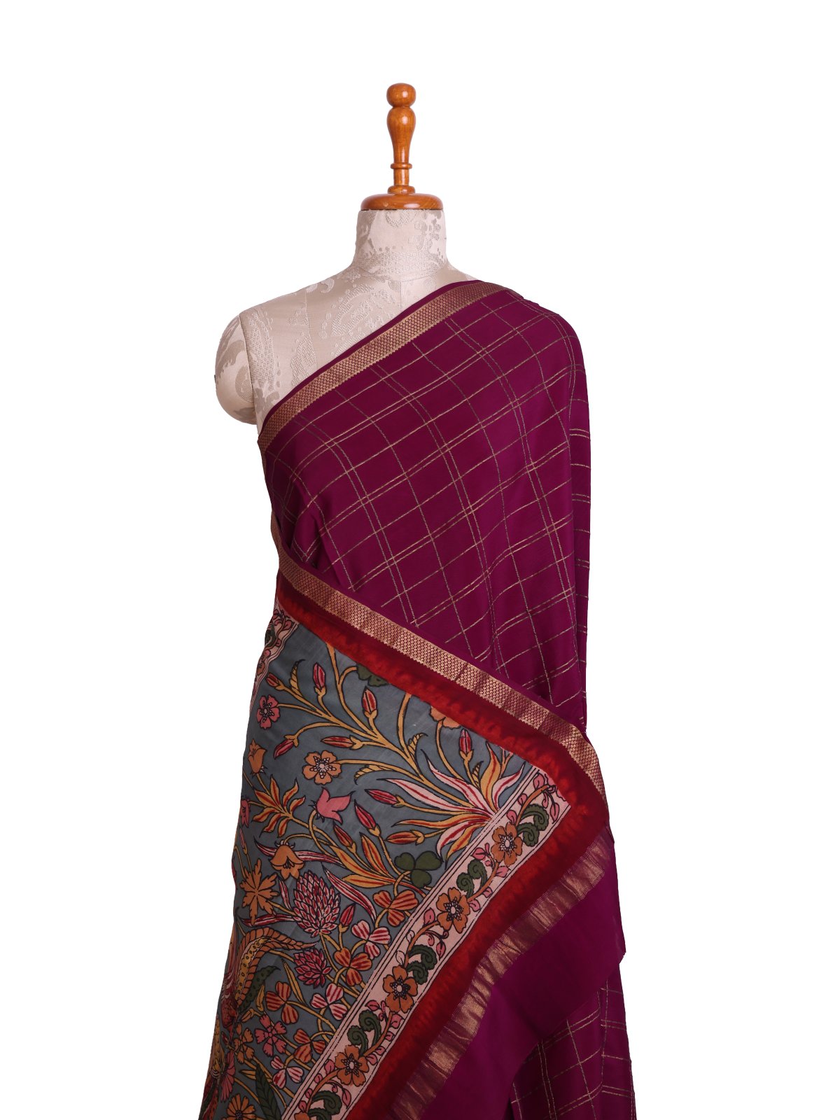 Purple Checked Mysore Crepe Silk Saree